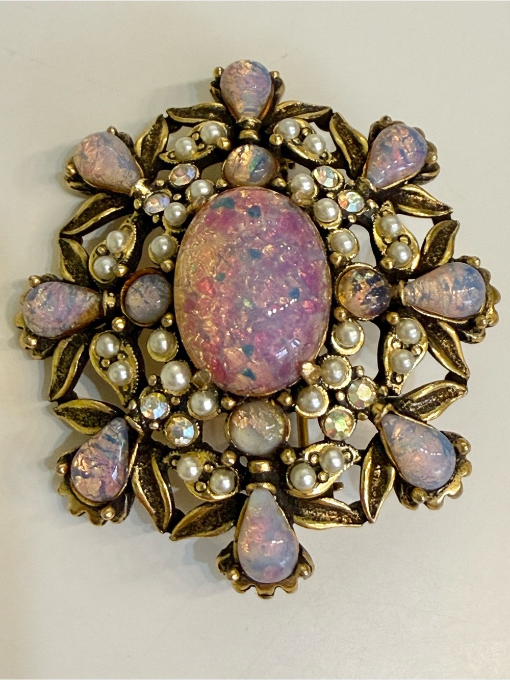 Vintage Hollycraft Brooch Pin Pink, Pearl, Gold Costume Opal & Pearl